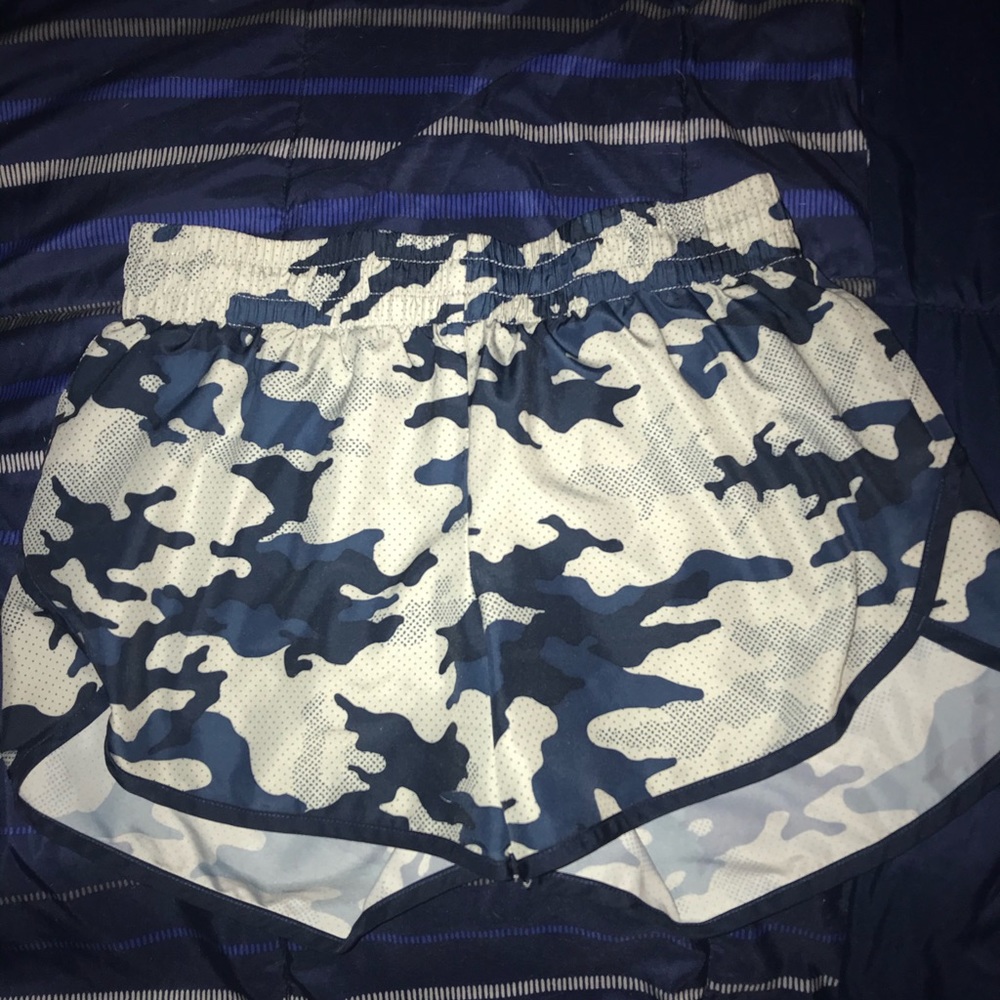 blue white and black camouflage athletic shorts